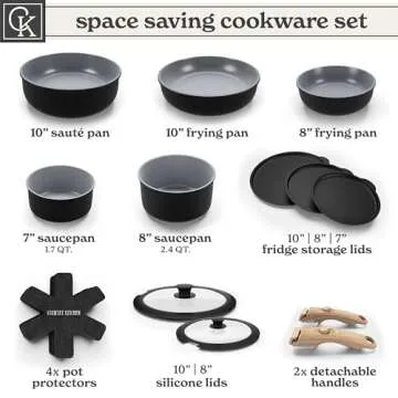 Country Kitchen Cookware Set with Removable Handle, Oven & RV Safe Pots and Pans Set, Black/Grey Wood Handle, Original