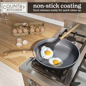 Country Kitchen Cookware Set with Removable Handle, Oven & RV Safe Pots and Pans Set, Black/Grey Wood Handle, Original