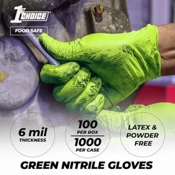 1st Choice 6 mil Mechanic Gloves, Nitrile Gloves Disposable Latex Free - Medium Box of 100 Green Nitrile Disposable Gloves