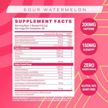 Podium Nutrition, Fuse Pre Workout Powder, Sour Watermelon, 30 Servings, Beta Alanine and Caffeine for Energy, Gluten Free, Soy Free, Dairy Free