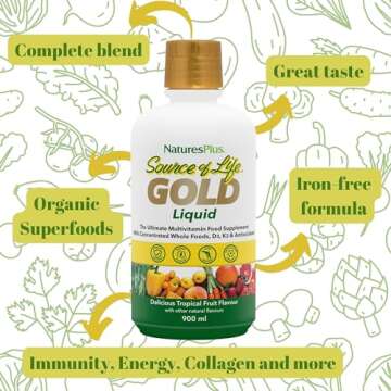 Natures Plus Source of Life Gold Multivitamin Liquid - 30 oz - with Vitamins D3, B12 & K2 - Blood, Bone & Immune Support - Vegetarian & Gluten Free - 30 Servings