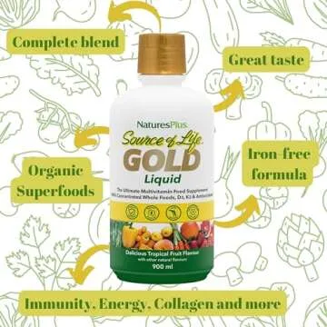 Natures Plus Source of Life Gold Multivitamin Liquid - 30 oz - with Vitamins D3, B12 & K2 - Blood, Bone & Immune Support - Vegetarian & Gluten Free - 30 Servings