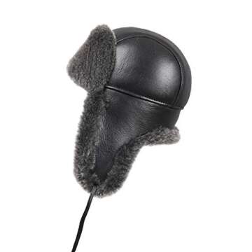 Zavelio Unisex Shearling Sheepskin Leather Aviator Russian Ushanka Trapper Winter Fur Hat Large Black