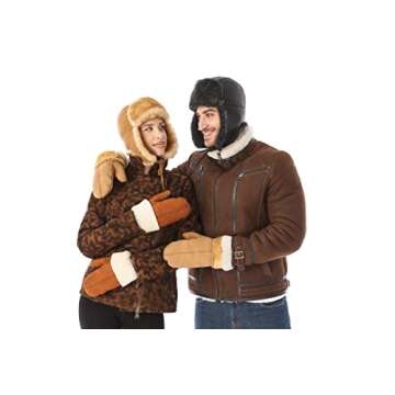 Zavelio Unisex Shearling Sheepskin Leather Aviator Russian Ushanka Trapper Winter Fur Hat Large Black