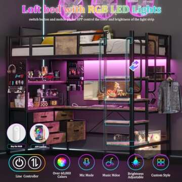 busyaeh Twin Loft Bed with Desk & LED Lights - Vintage Brown