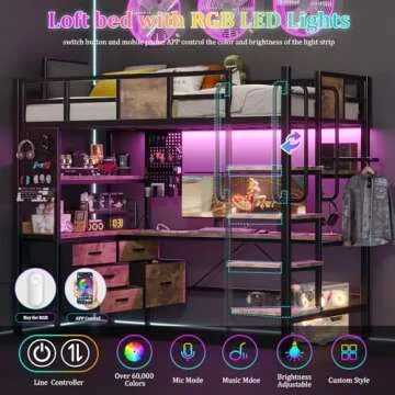 busyaeh Twin Loft Bed with Desk & LED Lights - Vintage Brown