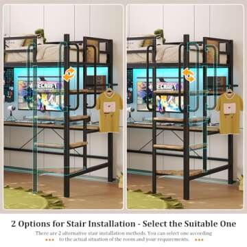 busyaeh Twin Loft Bed with Desk & LED Lights - Vintage Brown