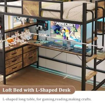 busyaeh Twin Loft Bed with Desk & LED Lights - Vintage Brown