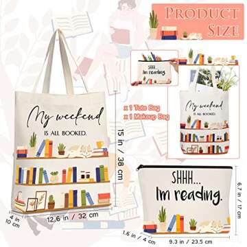 Sieral 2 Pcs Book Lovers Gifts Bookshelf Tote Bag Makeup Reading Canvas Bag Reusable Book Tote Bag C...
