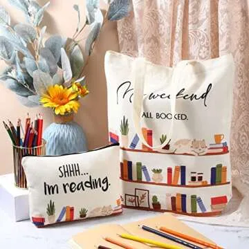 Sieral 2 Pcs Book Lovers Gifts Bookshelf Tote Bag Makeup Reading Canvas Bag Reusable Book Tote Bag Cosmetic Pencil Cases School Bag Gift with Metal Zipper Bookish Librarian Gifts for Women Teacher
