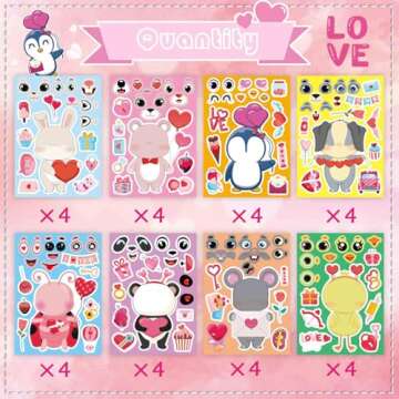 32 Sheets Valentine Stickers for Kids, Valentines Crafts Heart Love Sticker Make a Face Stickers, Ma...