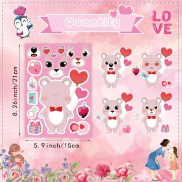 32 Sheets Valentine Stickers for Kids, Valentines Crafts Heart Love Sticker Make a Face Stickers, Make Your Own Animal Stickers Valentines Gifts for Kids Classroom Valentine Goodie Bags Party Favors