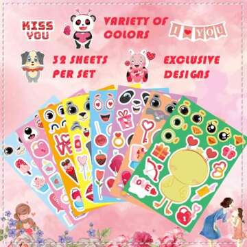 32 Sheets Valentine Stickers for Kids, Valentines Crafts Heart Love Sticker Make a Face Stickers, Make Your Own Animal Stickers Valentines Gifts for Kids Classroom Valentine Goodie Bags Party Favors