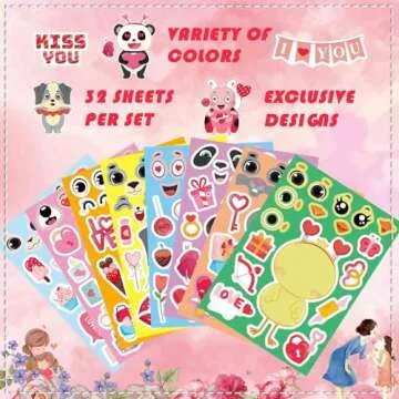 32 Sheets Valentine Stickers for Kids, Valentines Crafts Heart Love Sticker Make a Face Stickers, Make Your Own Animal Stickers Valentines Gifts for Kids Classroom Valentine Goodie Bags Party Favors