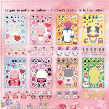 32 Sheets Valentine Stickers for Kids, Valentines Crafts Heart Love Sticker Make a Face Stickers, Make Your Own Animal Stickers Valentines Gifts for Kids Classroom Valentine Goodie Bags Party Favors