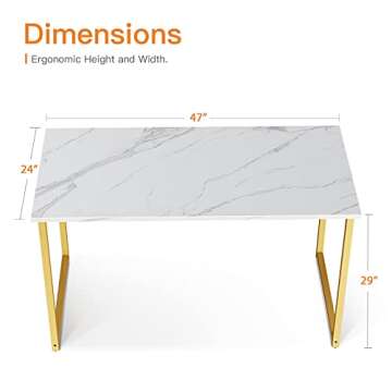 Coleshome 48 Inch Computer Desk, Modern Simple Style Desk for Home Office, Study Student Writing Desk, White Marble and Gold Leg