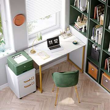 Coleshome 48 Inch Computer Desk, Modern Simple Style Desk for Home Office, Study Student Writing Desk, White Marble and Gold Leg