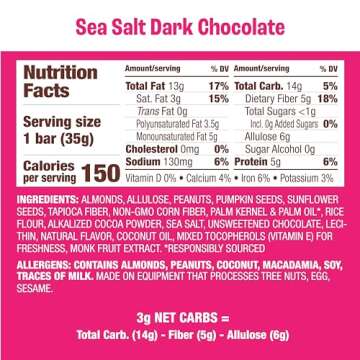 Munk Pack Keto Snack Bars, Sea Salt Dark Chocolate - Low Carb Nut Bar with 5g Protein, 1g Sugar with Allulose - Gluten Free & Low Glycemic - 12 Count