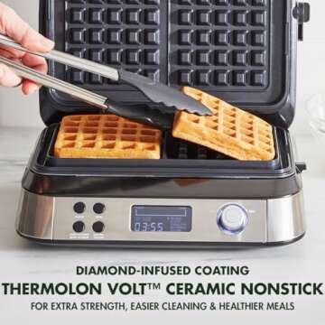GreenPan Stainless Steel 2-Square Waffle Maker Iron - Healthy Ceramic Nonstick Plates with Adjustabl...