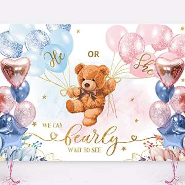 LIGHTINHOME Bear Gender Reveal Backdrop 7Wx5H Feet He or She Pink or Blue Boho Floral We Can Bearly ...