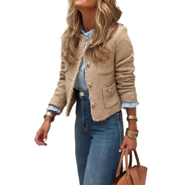Hathne Women's Tweed Blazer - Casual Long Sleeve Cropped Jacket in Khaki