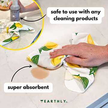Earthly Co. Reusable Paper Towels - 10 Pack - Roll of Washable Cotton Cloth Paper Towels - Paperless Reusable Napkins Cloth Washable - Absorbent + Long Lasting - Zero Waste Products - (Lemon)