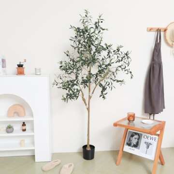 Pertivery 6FT Artificial Olive Tree, Fake Olive Tree 6 ft Faux Silk Tree Potted Large Faux Olive Branches & Fruits Artificial Tree with Warm LED Light String for Modern Home Office Indoor Decor