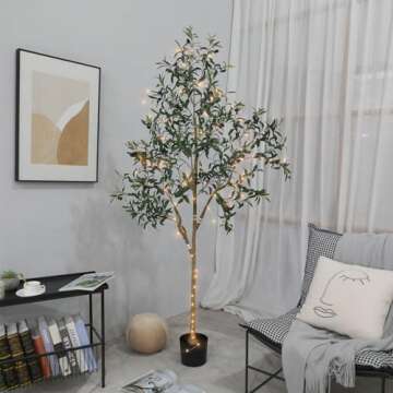 Pertivery 6FT Artificial Olive Tree, Fake Olive Tree 6 ft Faux Silk Tree Potted Large Faux Olive Branches & Fruits Artificial Tree with Warm LED Light String for Modern Home Office Indoor Decor