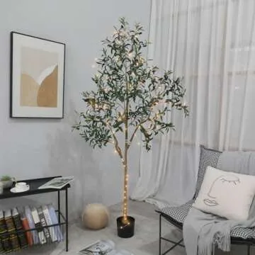 Pertivery 6FT Artificial Olive Tree, Fake Olive Tree 6 ft Faux Silk Tree Potted Large Faux Olive Branches & Fruits Artificial Tree with Warm LED Light String for Modern Home Office Indoor Decor