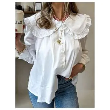GORGLITTER Women's Peter Pan Collar Shirt Blouse Long Sleeve Ruffle Large Doll Collar Button Shirt Tops Trendy 2025 White Large