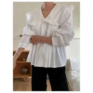 GORGLITTER Women's Peter Pan Collar Shirt Blouse Long Sleeve Ruffle Large Doll Collar Button Shirt Tops Trendy 2025 White Large