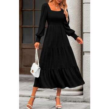 KIRUNDO Women Spring Wedding Guest Maxi Dress Elegant Puff Long Sleeve Summer Smocked Empire Waist Swing Flowy Long Dresses(Black, Small)