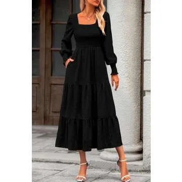 KIRUNDO Women Spring Wedding Guest Maxi Dress Elegant Puff Long Sleeve Summer Smocked Empire Waist Swing Flowy Long Dresses(Black, Small)