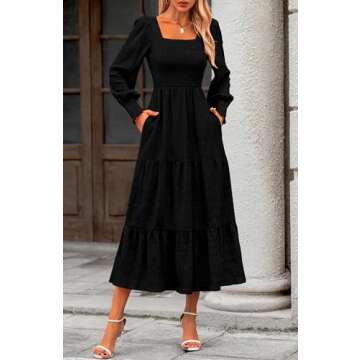KIRUNDO Women Spring Wedding Guest Maxi Dress Elegant Puff Long Sleeve Summer Smocked Empire Waist Swing Flowy Long Dresses(Black, Small)
