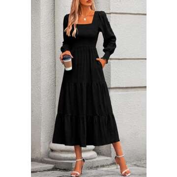 KIRUNDO Women Spring Wedding Guest Maxi Dress Elegant Puff Long Sleeve Summer Smocked Empire Waist Swing Flowy Long Dresses(Black, Small)
