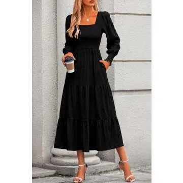 KIRUNDO Women Spring Wedding Guest Maxi Dress Elegant Puff Long Sleeve Summer Smocked Empire Waist Swing Flowy Long Dresses(Black, Small)