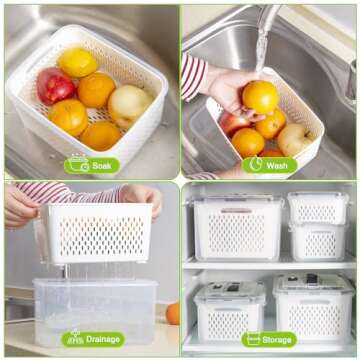 LUXEAR Larger 5PCS Fruit Storage Containers For Fridge, Produce Vegetable Saver Container with Lid Colander Vent Handle, BPA-Free Refrigerator Microwave Dishwasher Safe, Keep Fruits Veggie Food Fresh