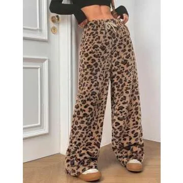 ZAFUL Women's Fuzzy Plush Pajama Pants Drawstring Elastic Waist Wide Leg Teddy Pj Bottoms Lounge Pants Leopard XL