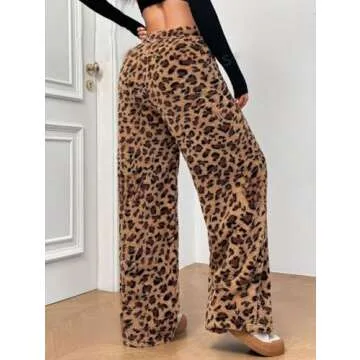 ZAFUL Women's Fuzzy Plush Pajama Pants Drawstring Elastic Waist Wide Leg Teddy Pj Bottoms Lounge Pants Leopard XL
