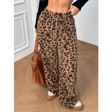 ZAFUL Women's Fuzzy Plush Pajama Pants Drawstring Elastic Waist Wide Leg Teddy Pj Bottoms Lounge Pants Leopard XL