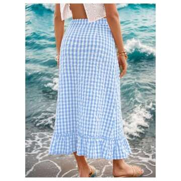 SHENHE Women's Gingham Skirt Long Ruffle Hem A Line High Waist Plaid Maxi Skirt Blue and White M