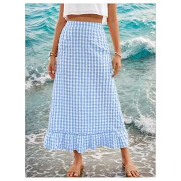 SHENHE Women's Gingham Skirt Long Ruffle Hem A Line High Waist Plaid Maxi Skirt Blue and White M