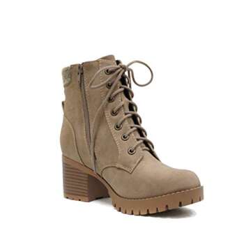 Soda Single Lug Sole Chunky Heel Combat Ankle Boot Lace up w/Side Zipper (Light Taupe, numeric_7_point_5)