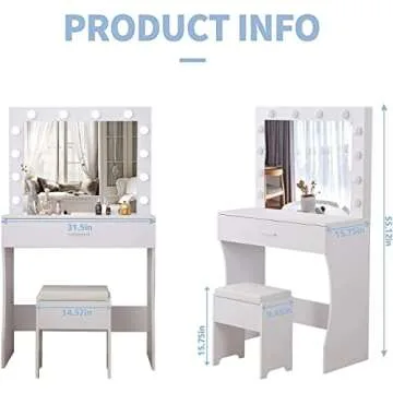 Titoni Vanity Table Set with Lighted Mirror - Makeup Vanity with Lights, Adjustable Brightness, Large Drawer Sturdy Wood Vanity, White 80x40x140cm