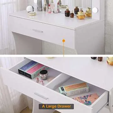 Titoni Vanity Table Set with Lighted Mirror - Makeup Vanity with Lights, Adjustable Brightness, Large Drawer Sturdy Wood Vanity, White 80x40x140cm