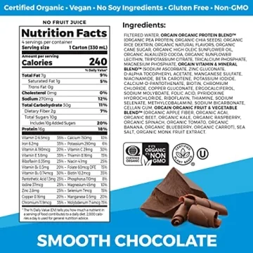 Orgain Organic Nutritional Vegan Protein Shake, Smooth Chocolate - 16g Plant Based Protein, Meal Replacement, 22 Vitamins & Minerals, Fruits & Vegetables, Gluten Free, Non-GMO, 11 Fl Oz (Pack of 4)