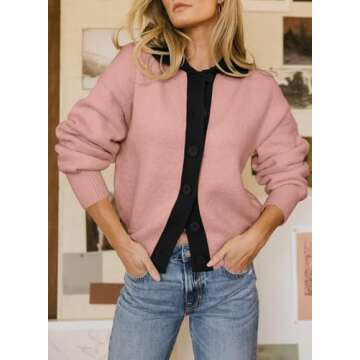 EVALESS Cardigan for Women 2024 Winter Clothes Casual Long Sleeve Open Front Button Down Sweaters Colorblock Ribbed Kint Coats Pink Small
