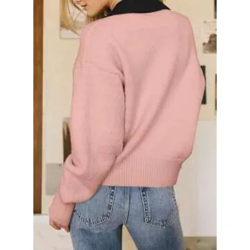 EVALESS Cardigan for Women 2024 Winter Clothes Casual Long Sleeve Open Front Button Down Sweaters Colorblock Ribbed Kint Coats Pink Small