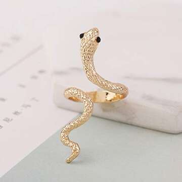 Caiyao Vivid 3D Snake Rings Simple Open Ring Adjustable Personality Animal Jewelry for Women-Gold