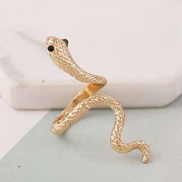 Caiyao Vivid 3D Snake Rings Simple Open Ring Adjustable Personality Animal Jewelry for Women-Gold